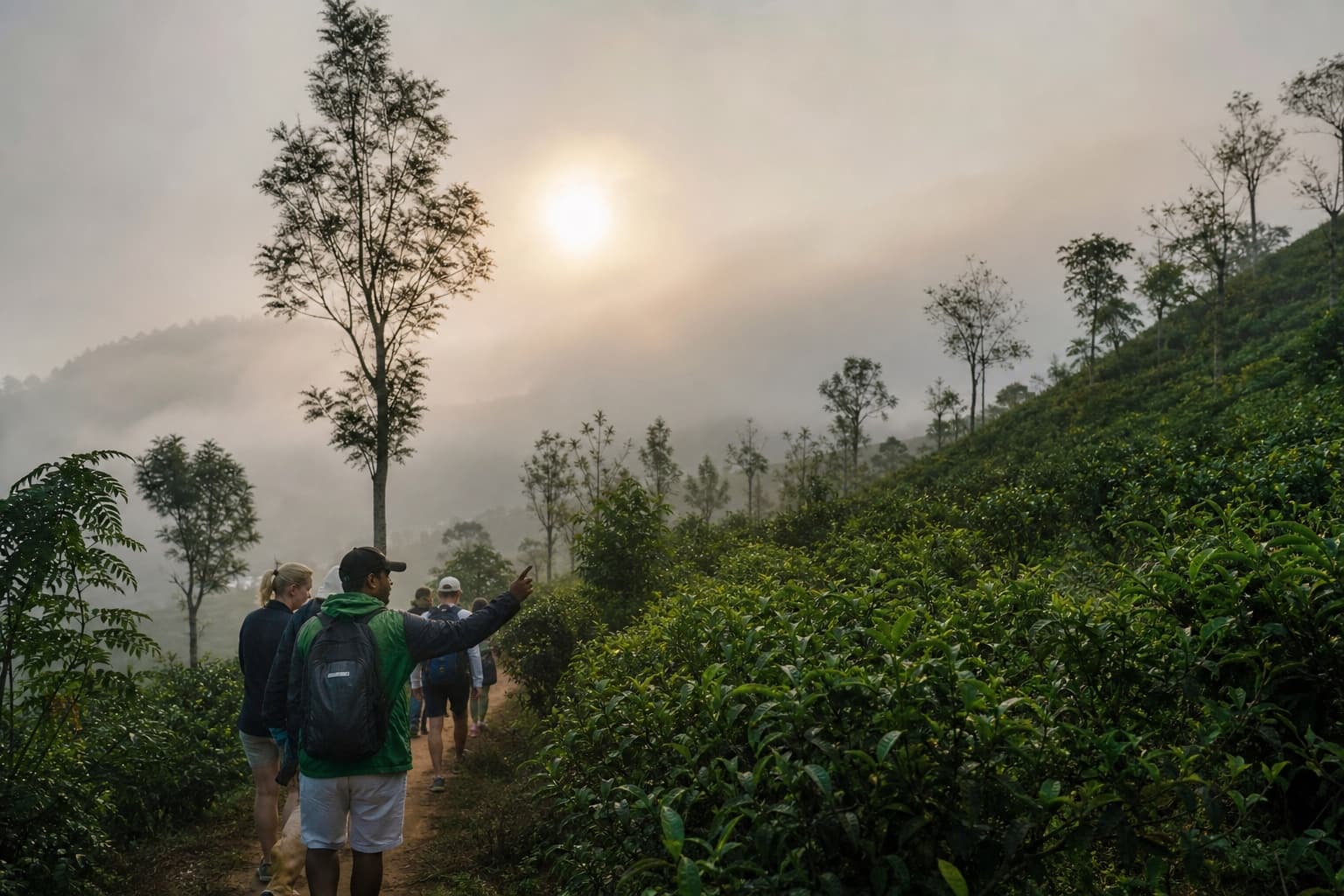 Travellers walking a misty tea plantation path at dawn