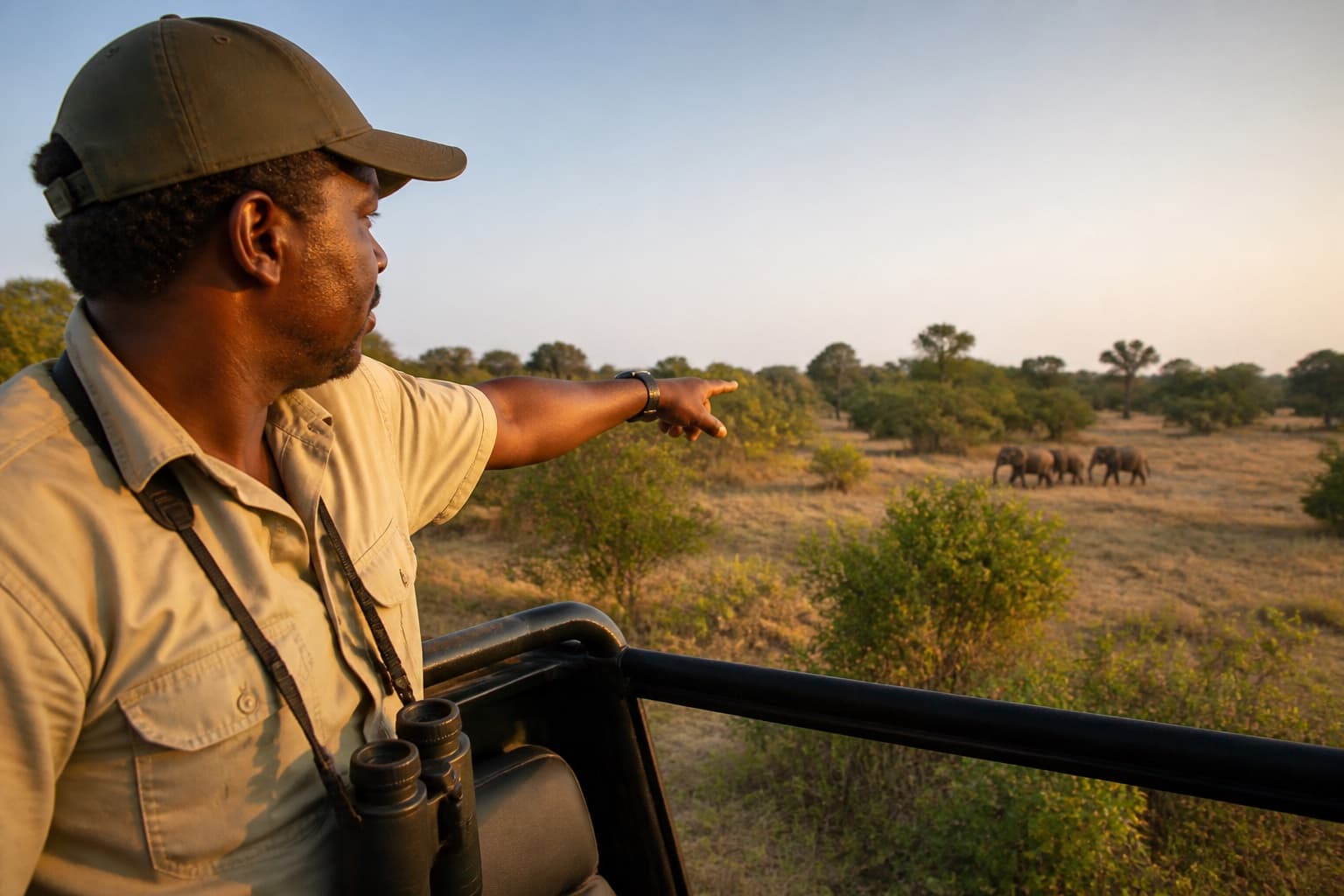 Local naturalist guiding travellers on a wildlife safari