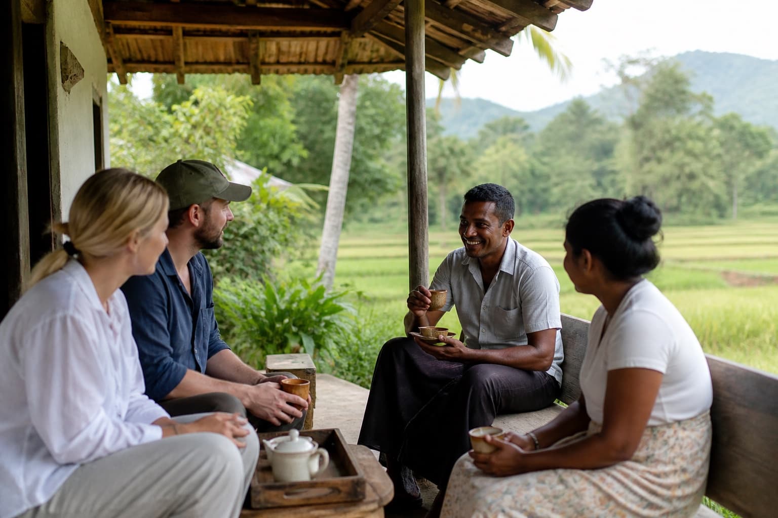 Local hosts sharing tea with travellers on a village veranda