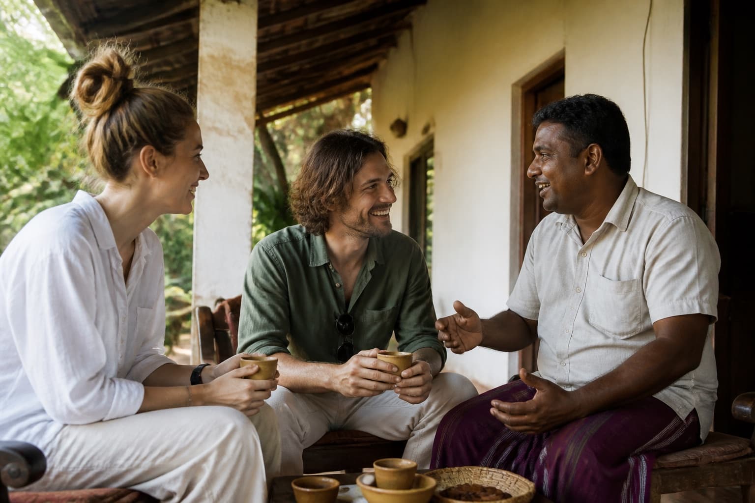 A local host sharing tea and stories with travellers