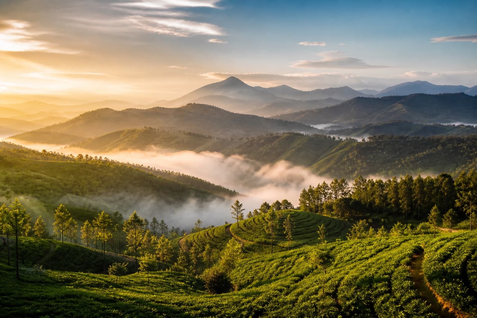 Misty Sri Lankan tea valleys at dawn