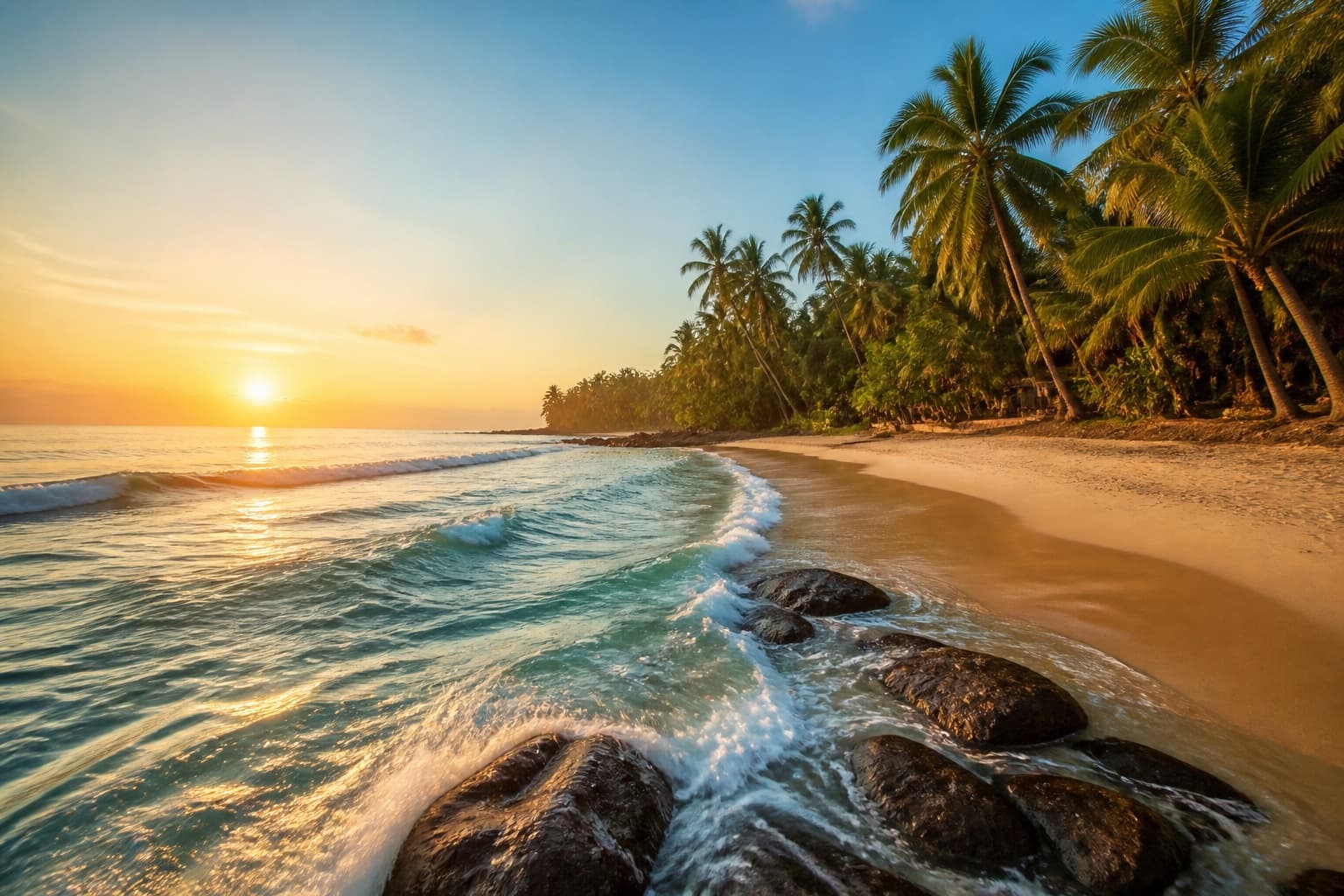 Turquoise Sri Lankan beach at sunrise with palm trees