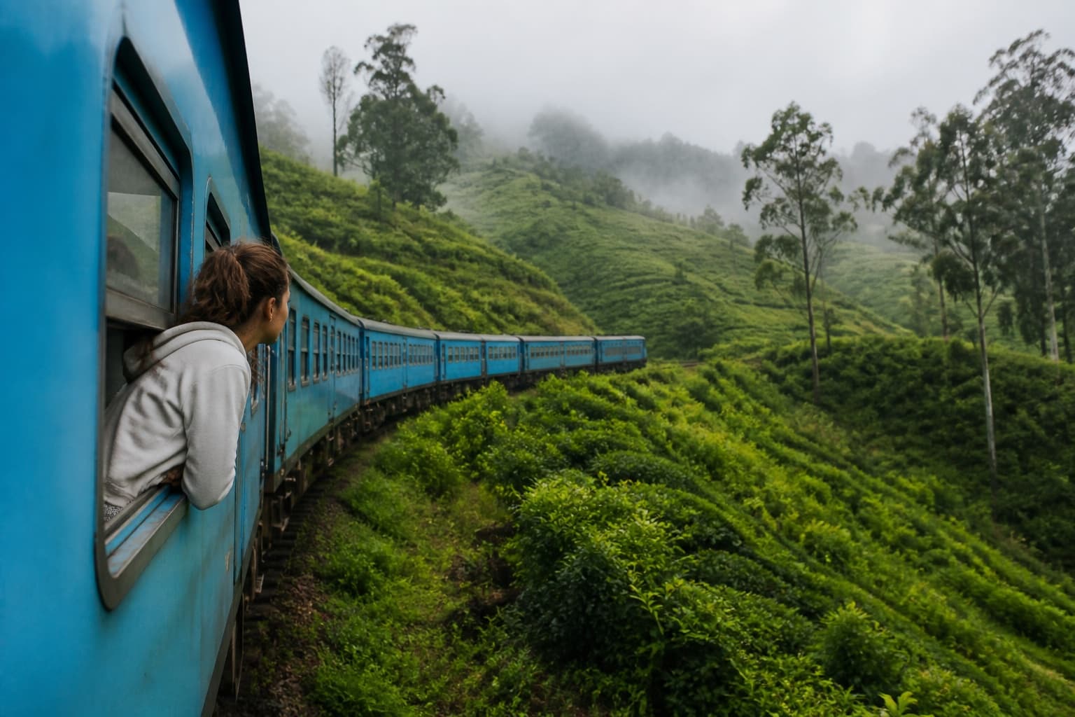 Blue train winding through misty highland tea plantations