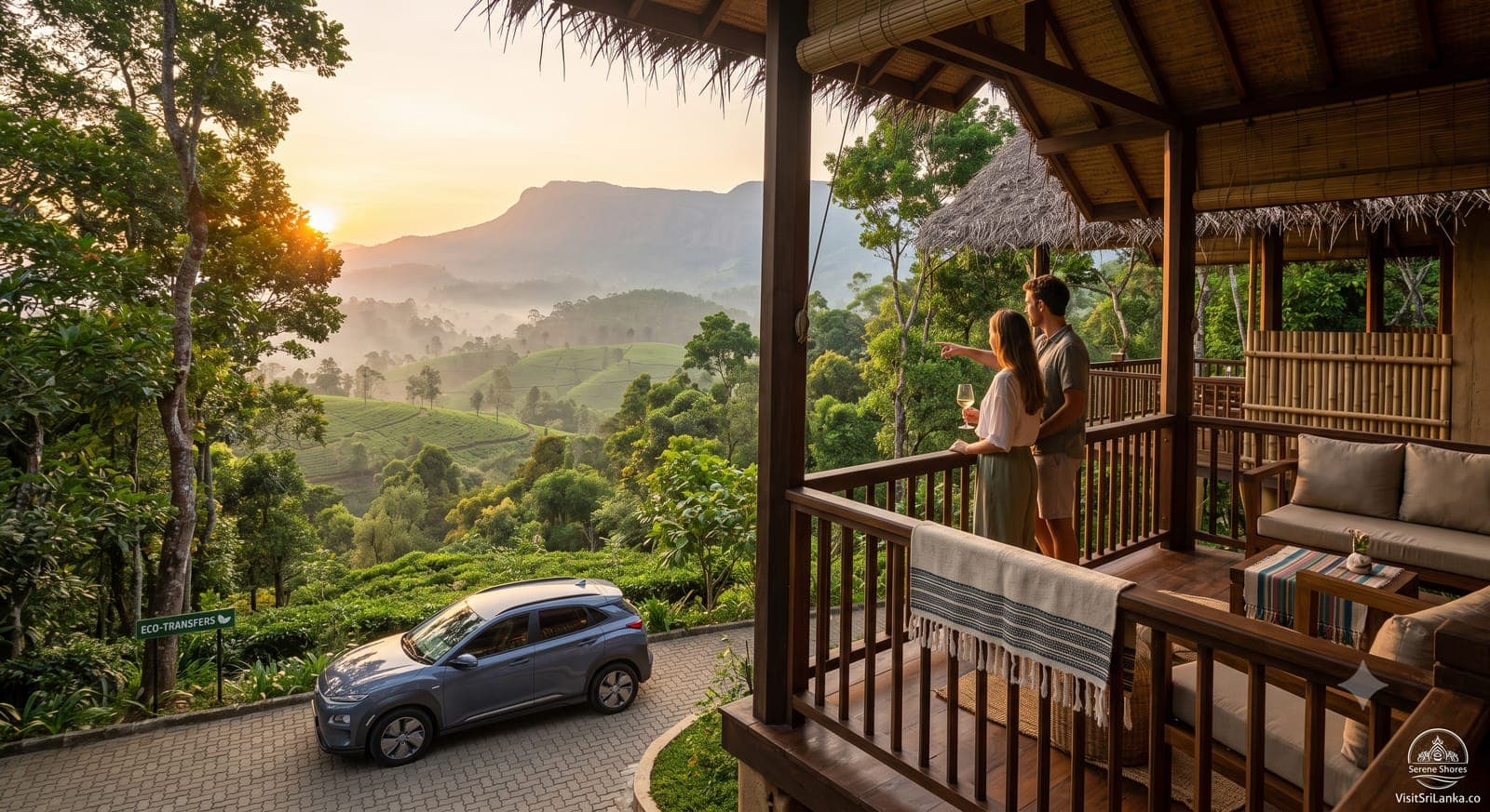 Guests on an eco-lodge balcony overlooking misty Central Highlands tea country at sunrise