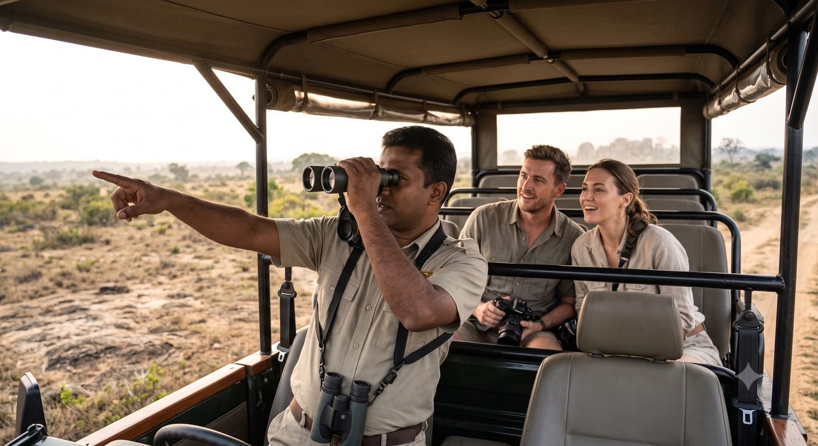 Naturalist guide spotting wildlife with binoculars for guests in a safari jeep