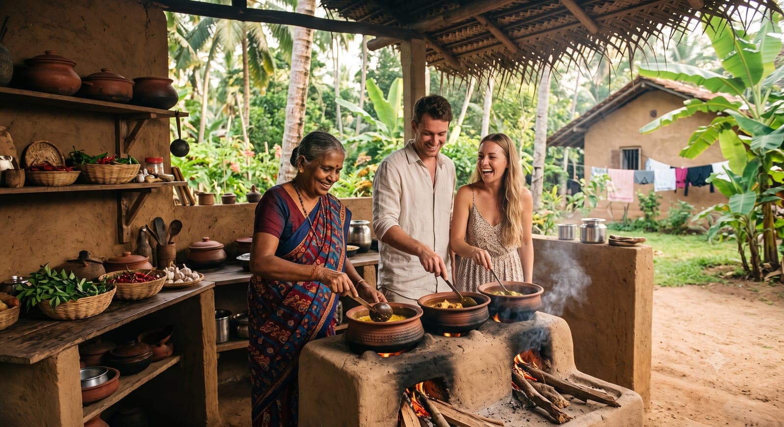 Guests cooking rice and curry with a local host over a traditional clay hearth