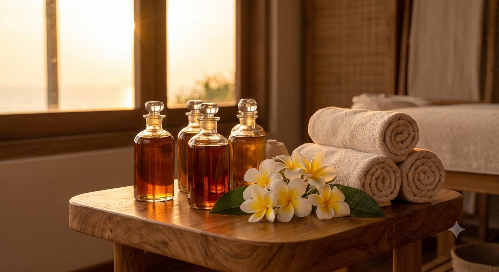 Ayurvedic herbal oil bottles, frangipani and rolled towels in a spa room at sunset