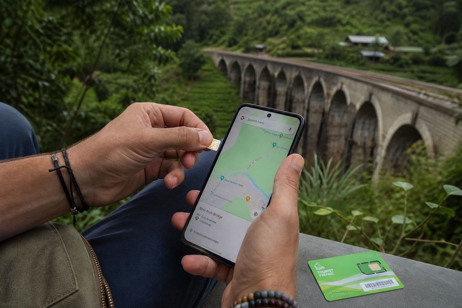 Traveller setting up a local SIM with Nine Arch Bridge in the background