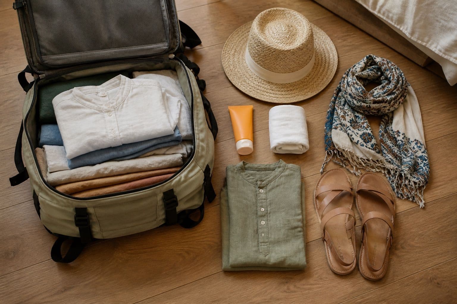 Open travel backpack with packing essentials for Sri Lanka