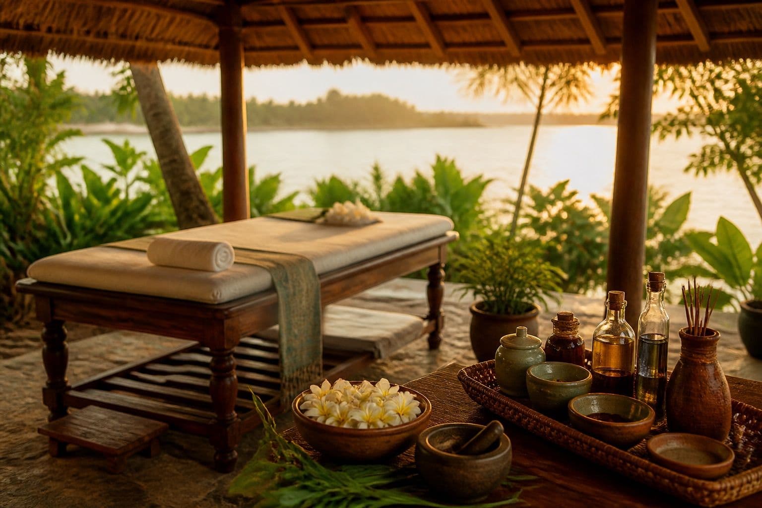 Serene Ayurveda wellness retreat surrounded by tropical greenery