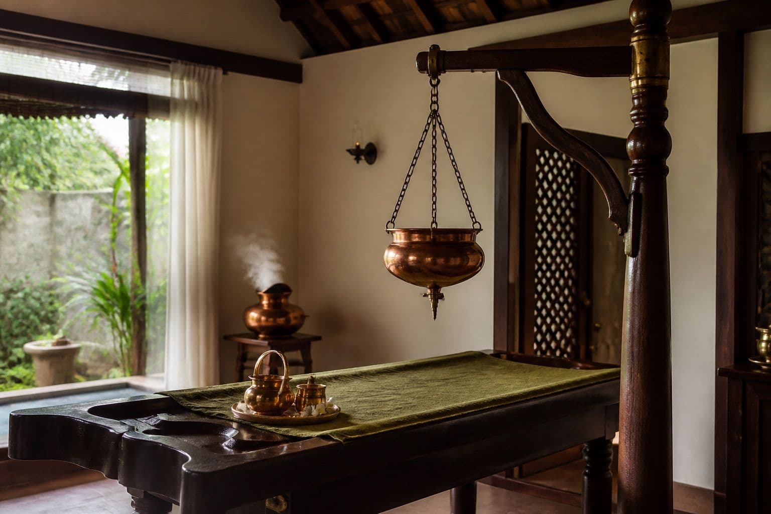Ayurveda spa treatment room with herbal oils and soft natural light