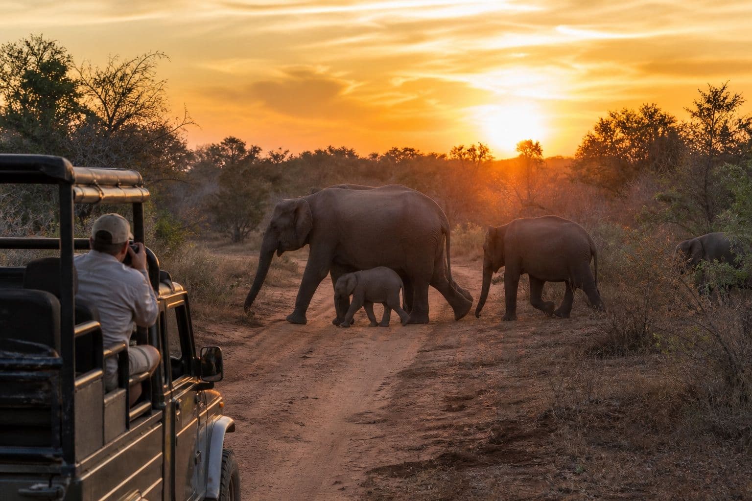 Safari jeep with elephants crossing scrubland at golden hour