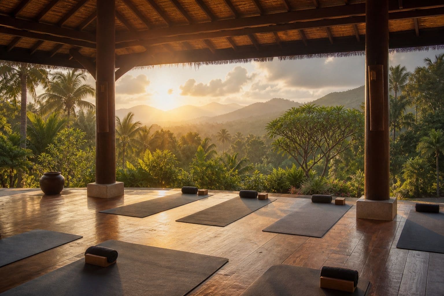 Outdoor yoga pavilion overlooking a tropical garden at sunrise