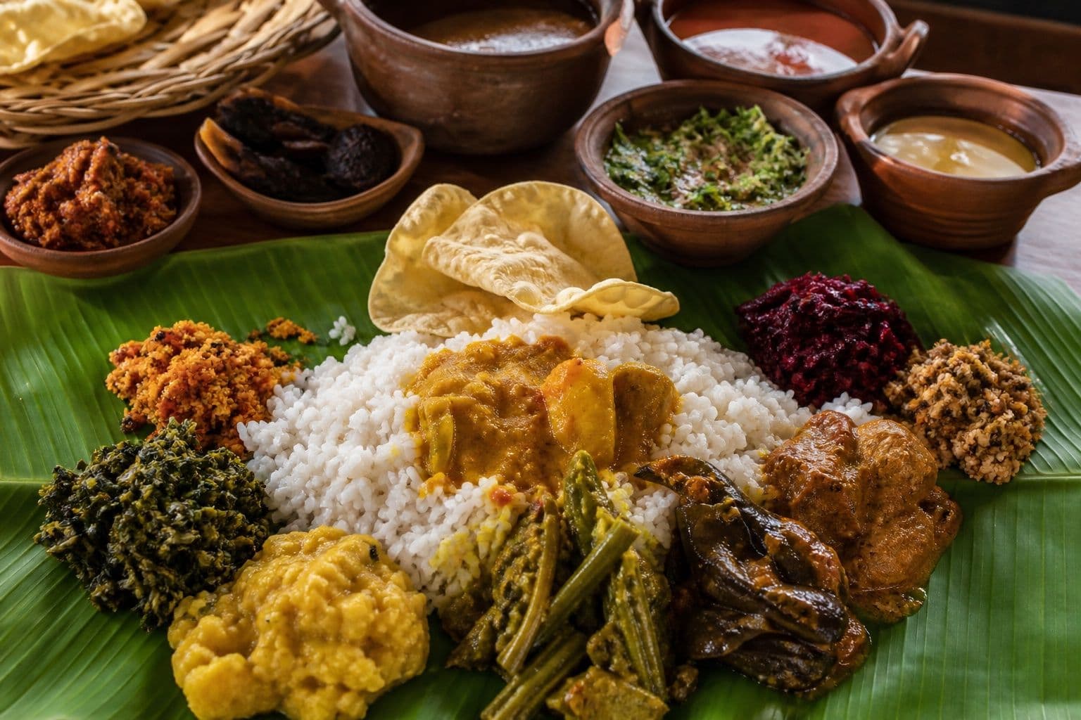 Traditional Sri Lankan rice and curry spread