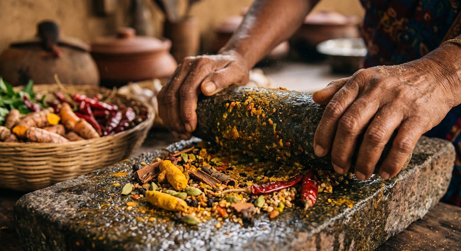 Hands grinding turmeric, chili and cinnamon on a traditional miris gala stone