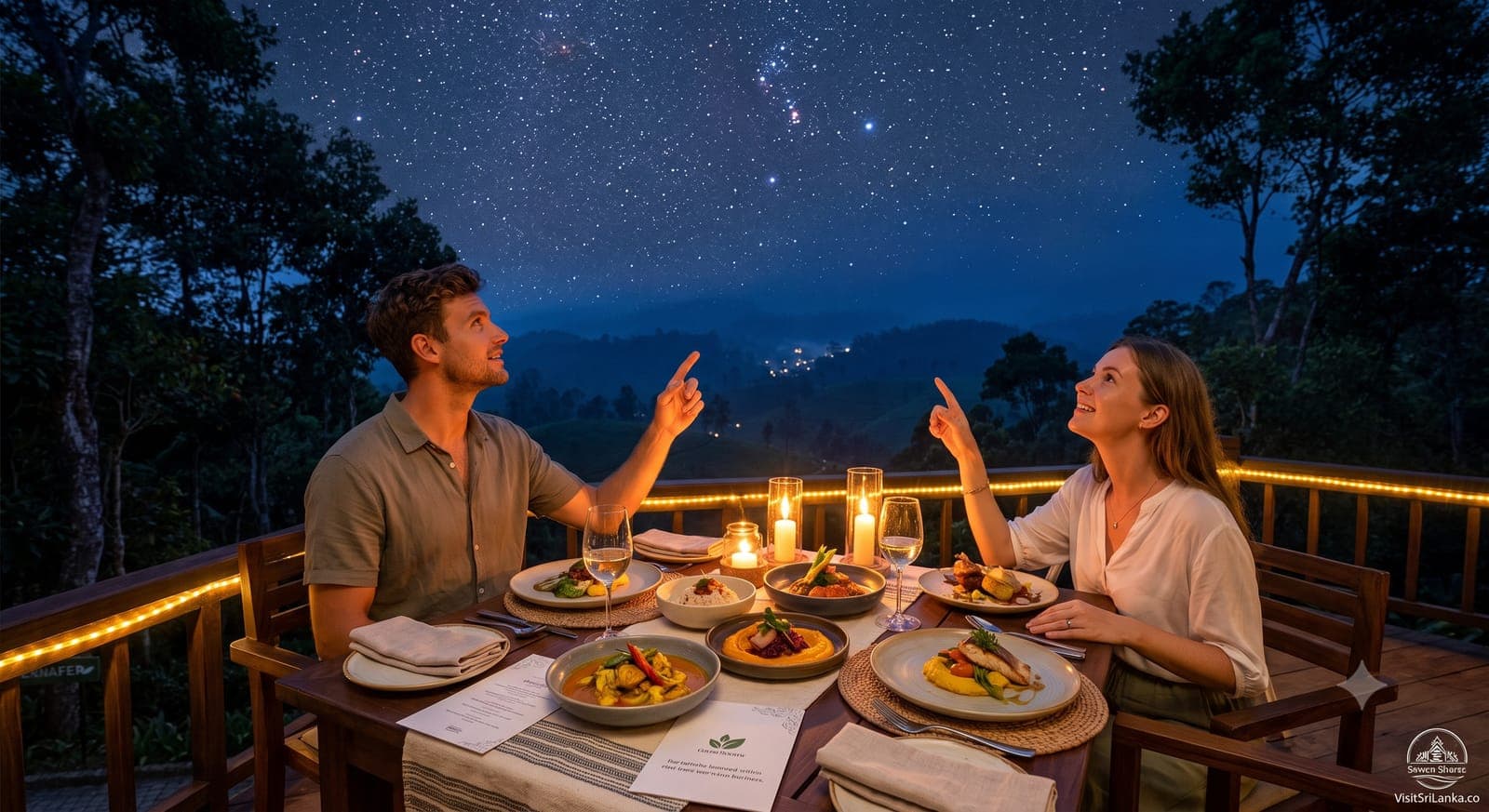 Candlelit farm-to-table dinner on a lodge deck under a star-filled highland sky
