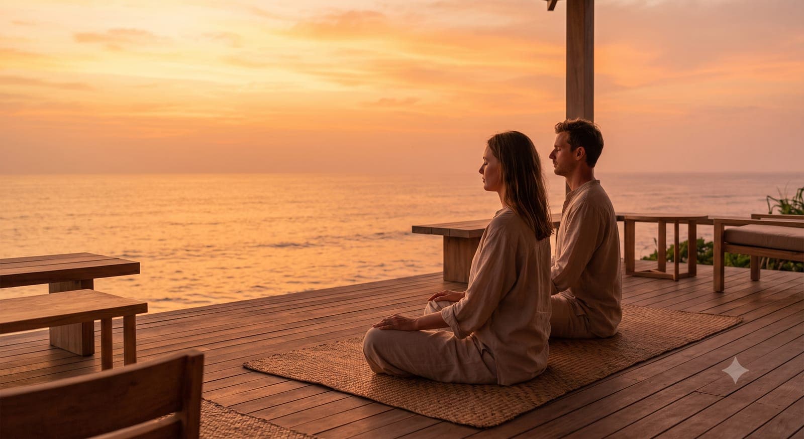 Couple meditating on a wooden ocean deck at sunset on Sri Lanka's south coast