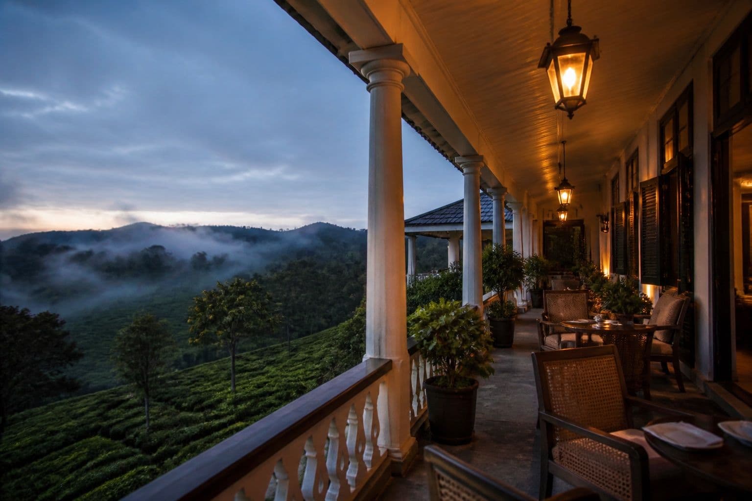 Colonial bungalow veranda overlooking misty tea hills