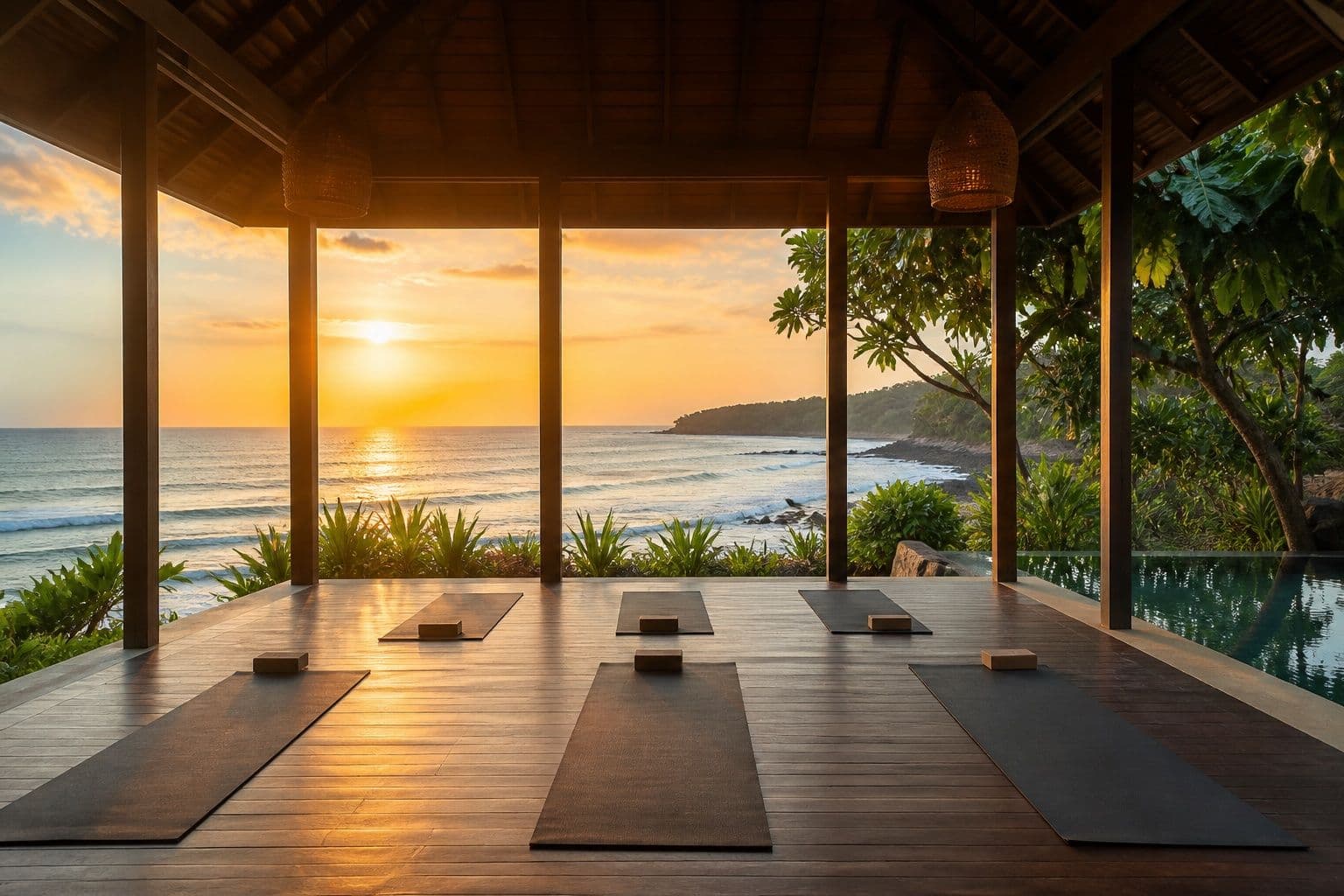 Ocean-view yoga pavilion at sunrise in Sri Lanka