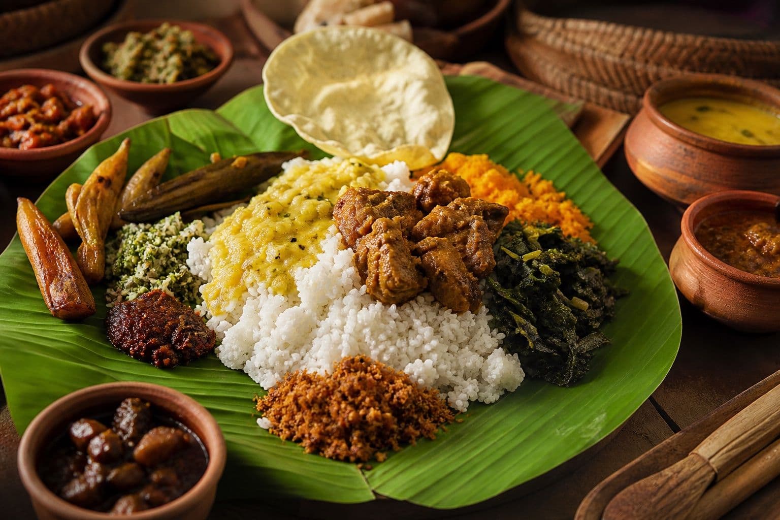 Traditional Sri Lankan rice and curry feast on banana leaf