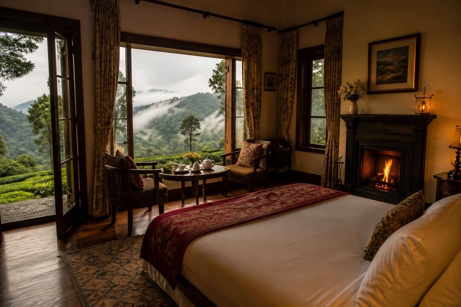 Romantic tea estate bungalow overlooking misty highland valleys