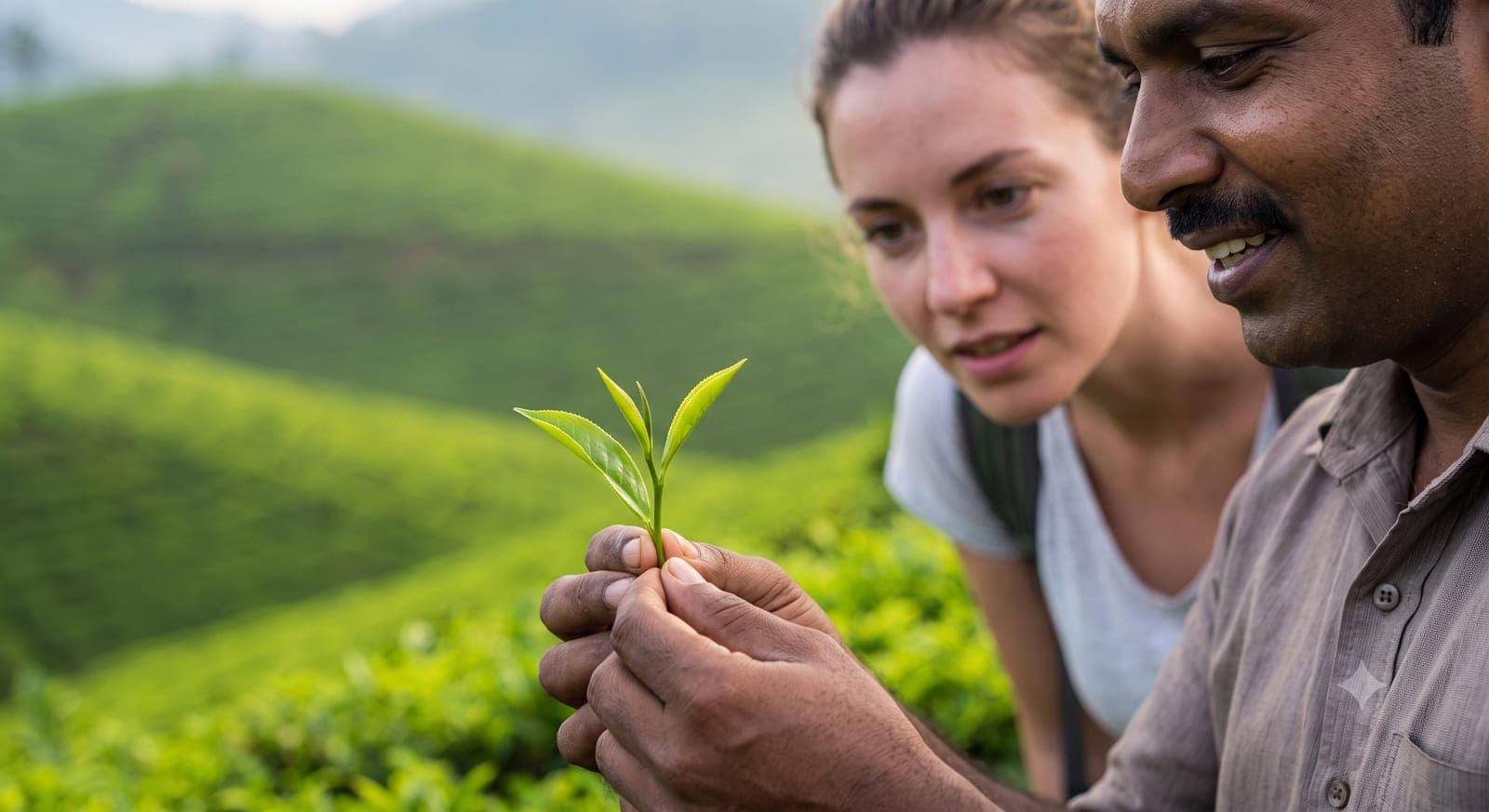 Guide holding a fresh two-leaves-and-a-bud tea sprig for a guest on the estate