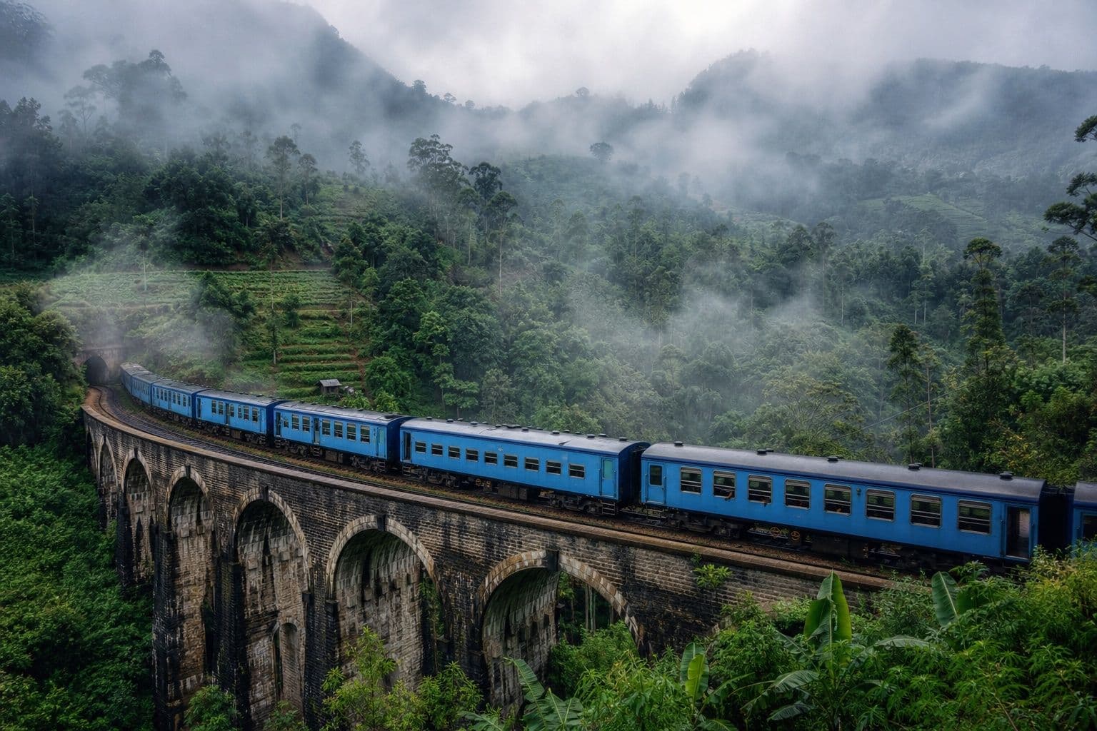 Train on a highland railway viaduct through Sri Lankan tea country