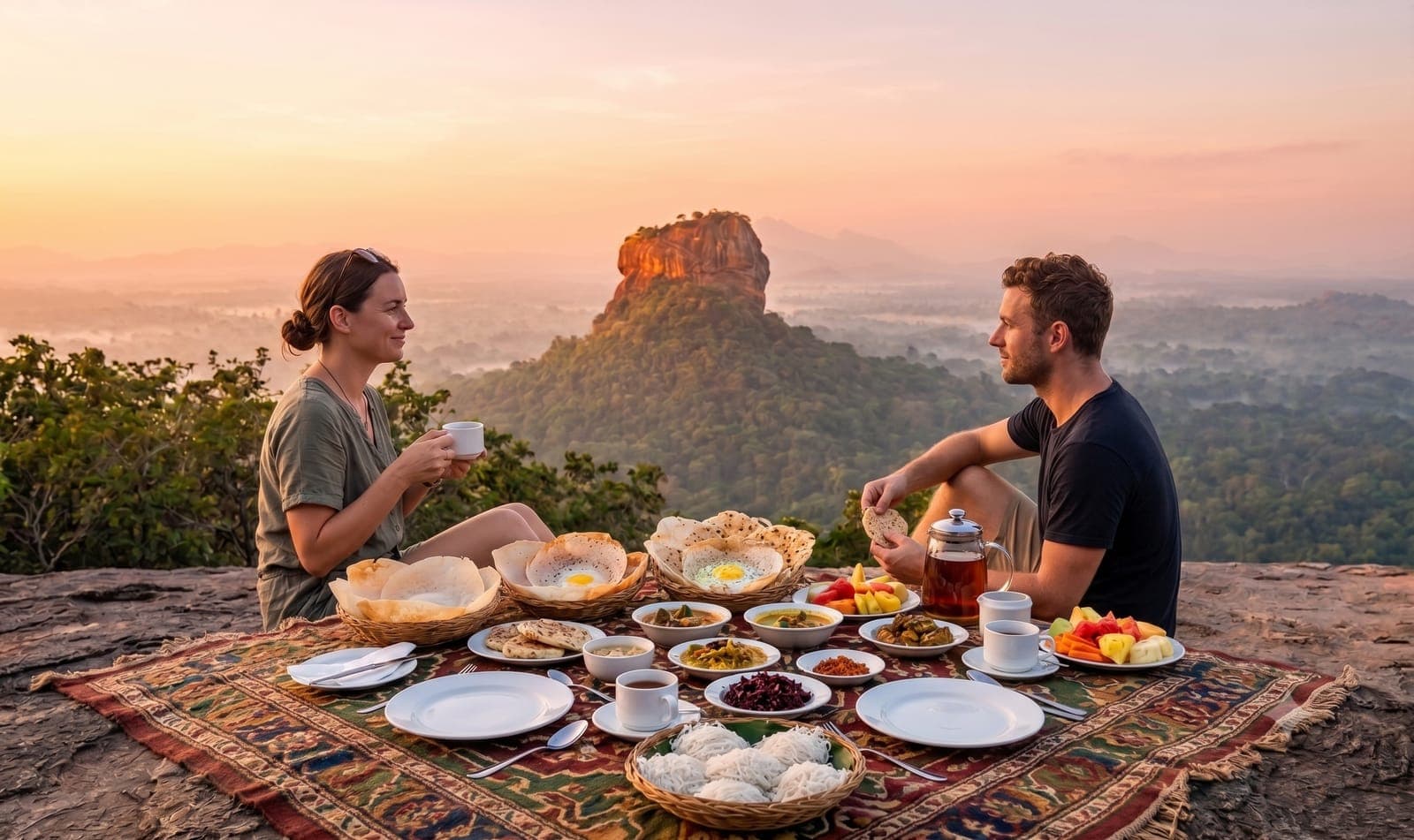 Sunrise Sri Lankan breakfast picnic overlooking misty hills and Sigiriya Rock