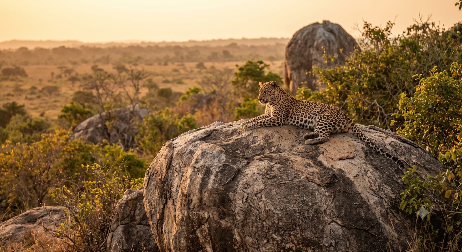 Sri Lankan leopard resting on a granite boulder at golden hour in Wilpattu