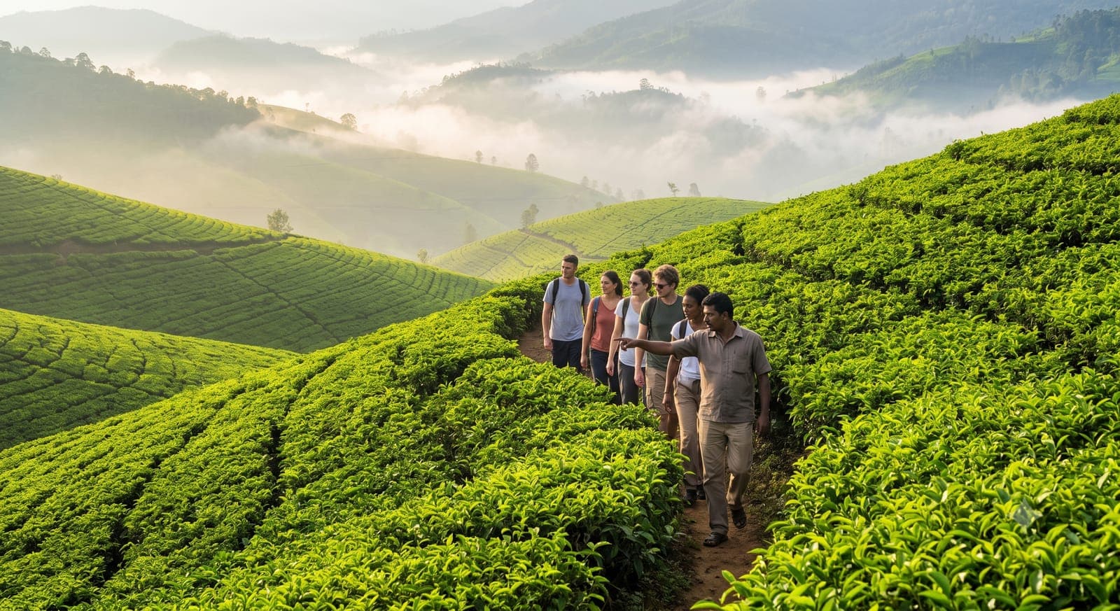 Small group following a local guide along a dirt trail through terraced tea bushes
