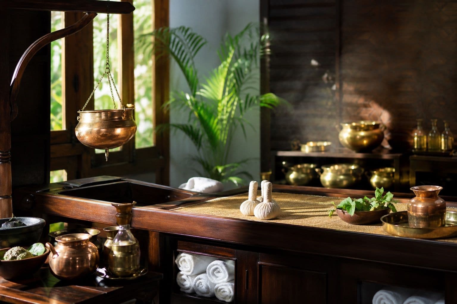 Ayurvedic treatment room with herbal oils and copper vessels