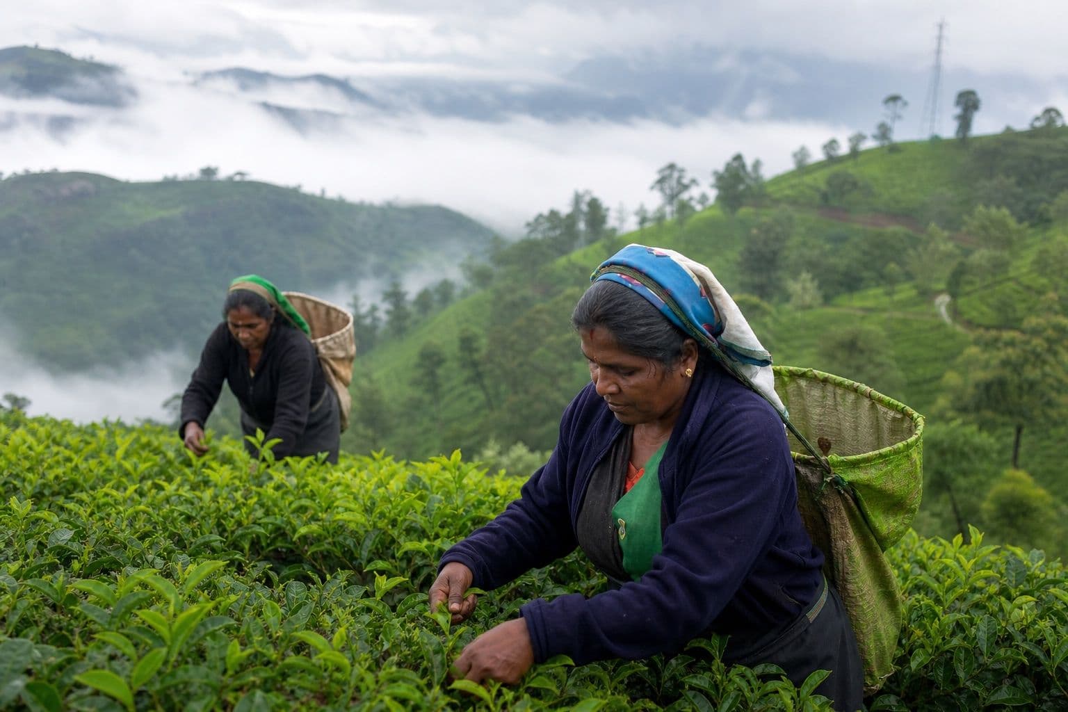 Tea plantation slopes near Nuwara Eliya at misty dawn