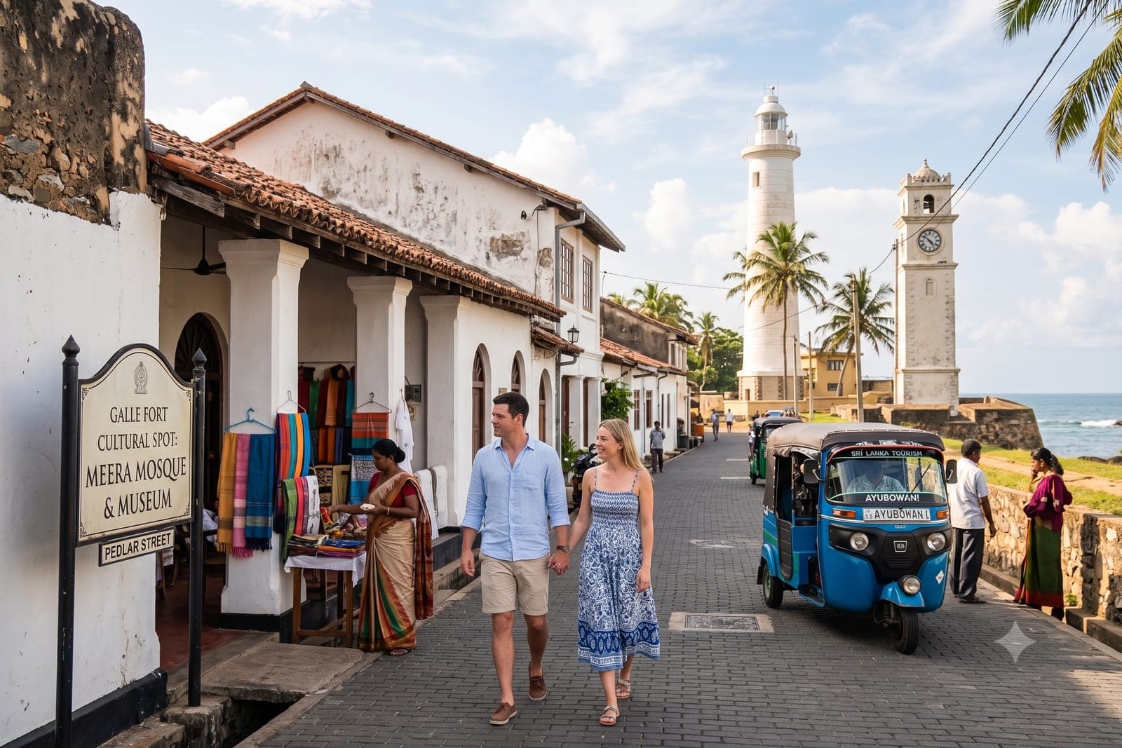 Couple on Pedlar Street in Galle Fort with the lighthouse and a blue tuk-tuk