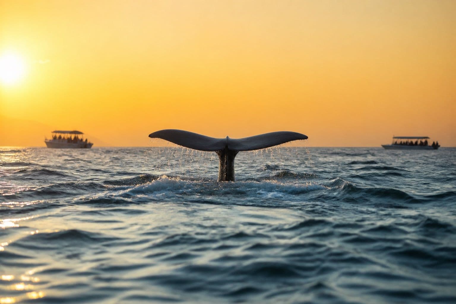 Blue whale fluke at sunrise off the southern Sri Lankan coast