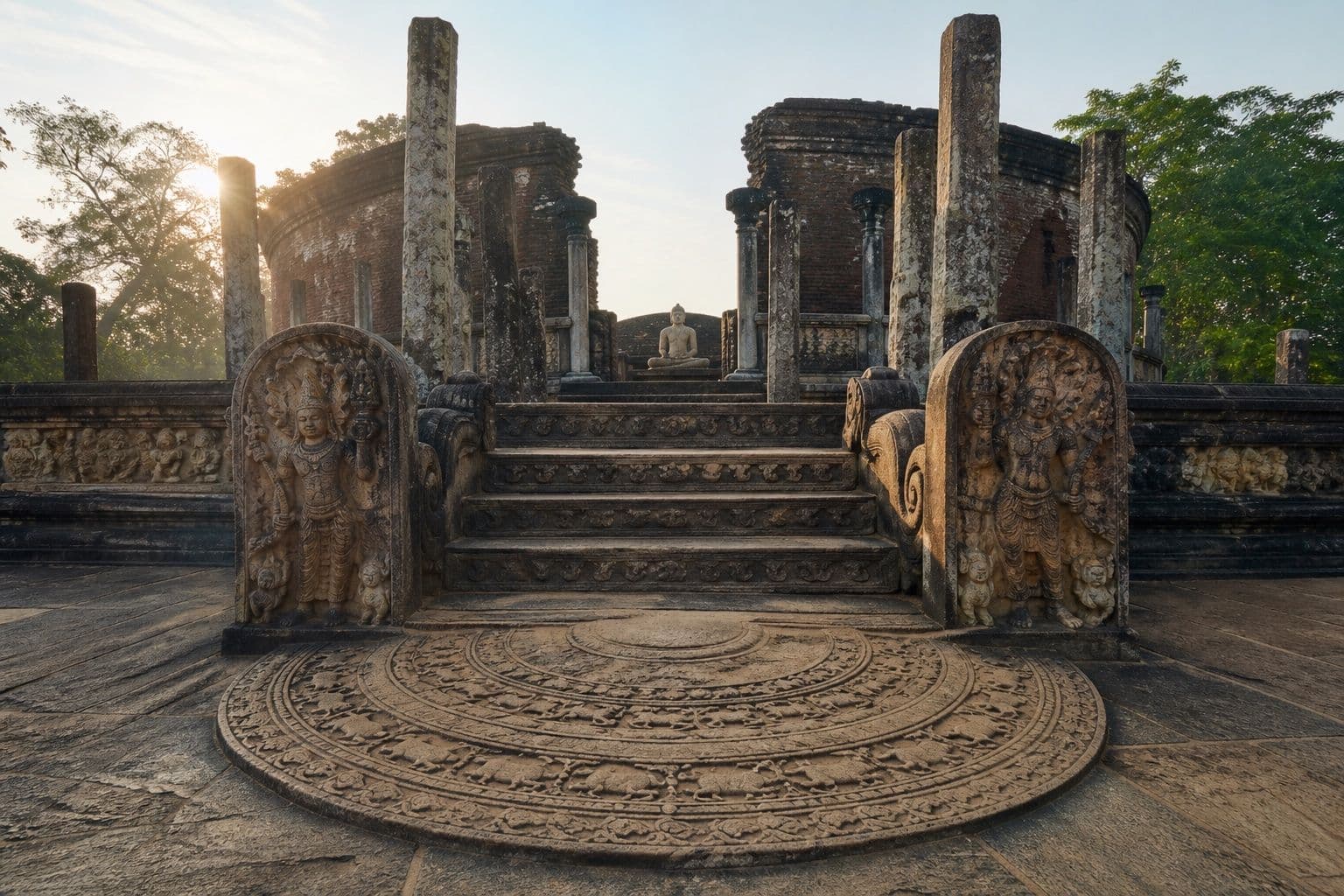 Polonnaruwa Vatadage stone ruins in soft morning light