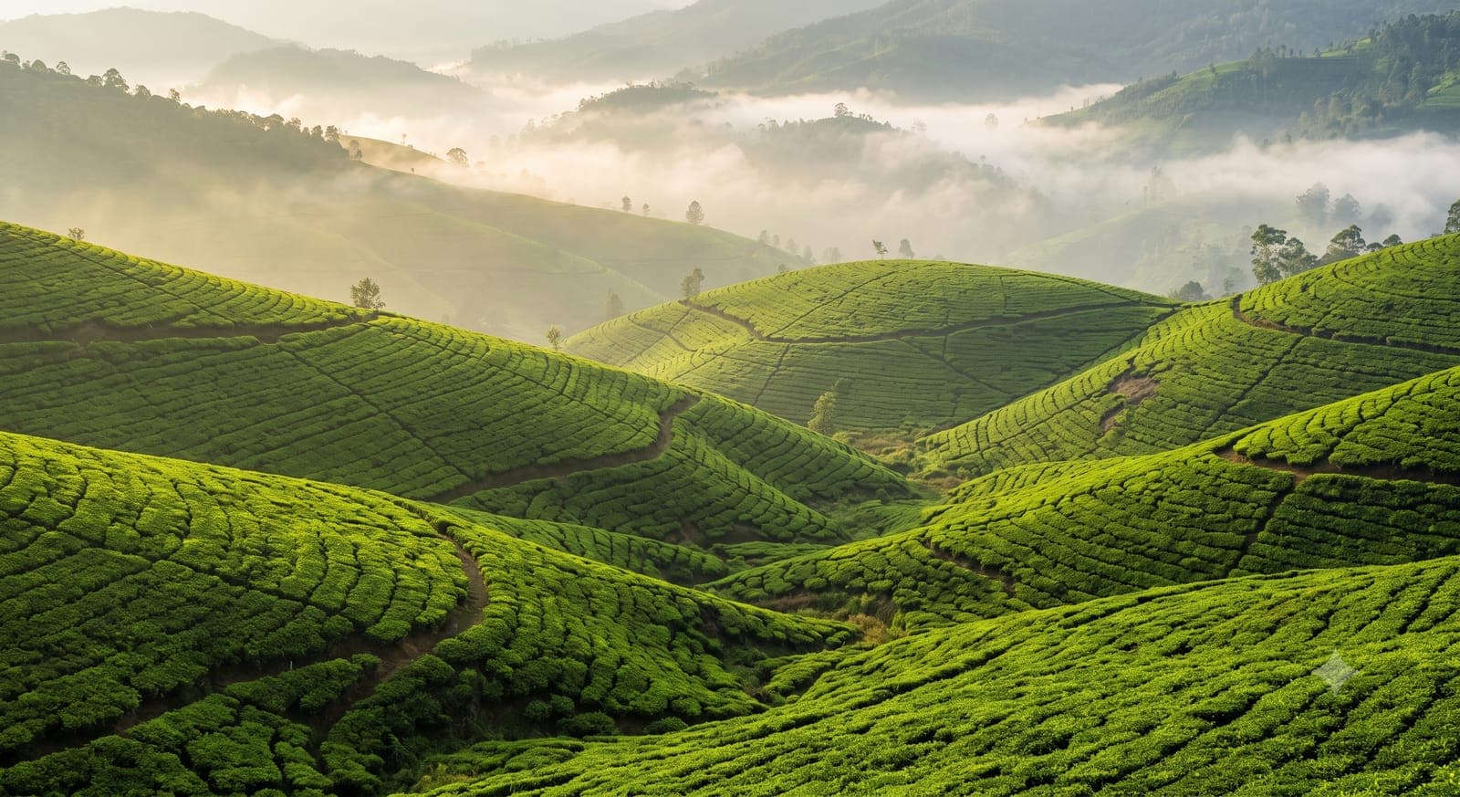 Misty rolling tea valleys in Sri Lanka's highlands at soft morning light