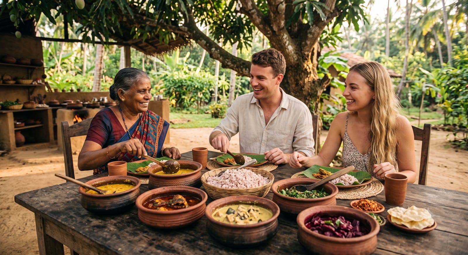 Shared rice and curry feast on banana leaves with a village host in a garden kitchen