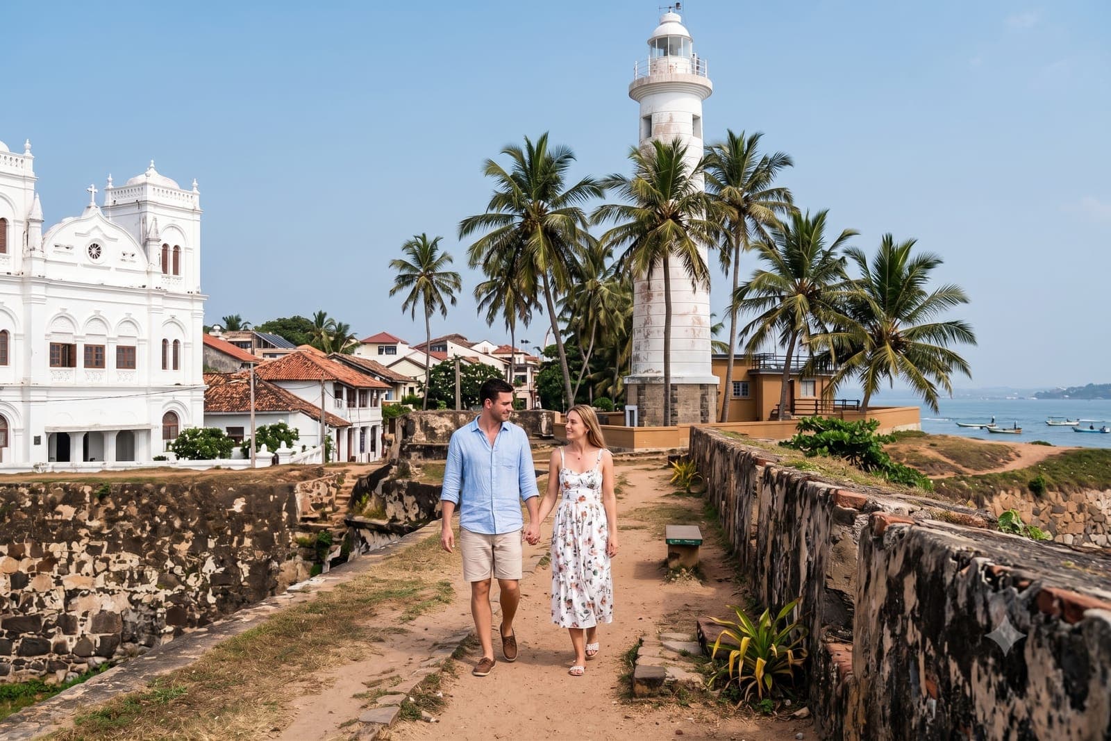 Couple walking the Galle Fort ramparts toward the lighthouse and Meeran Jumma Mosque