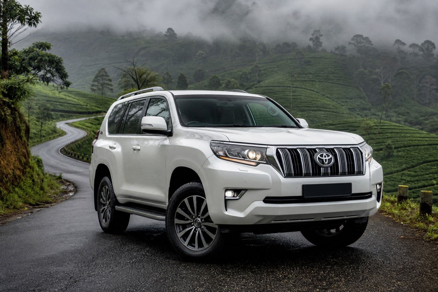 Toyota Land Cruiser Prado SUV on a hill-country road