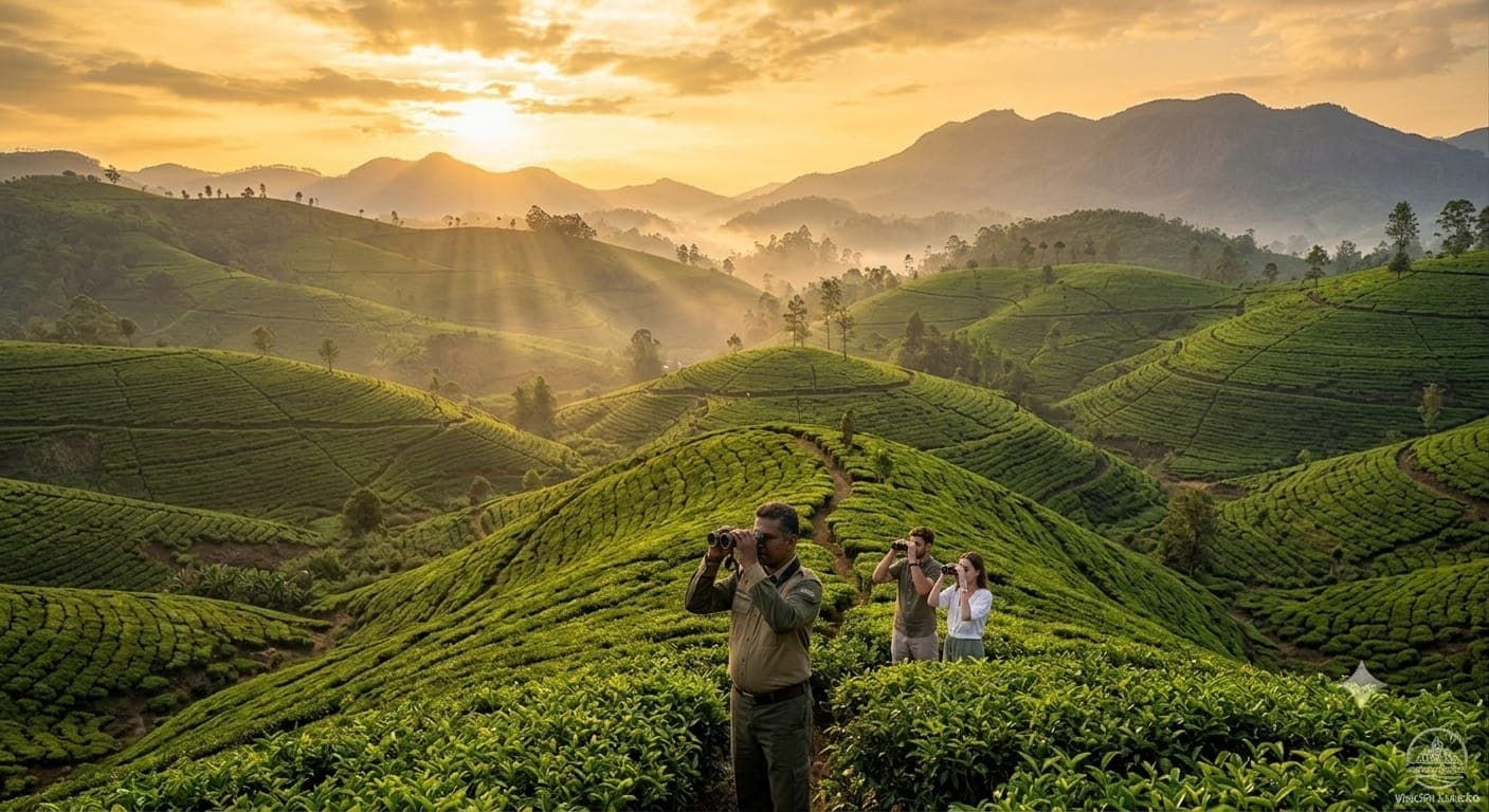 Naturalist guiding travellers with binoculars through highland tea slopes at sunrise