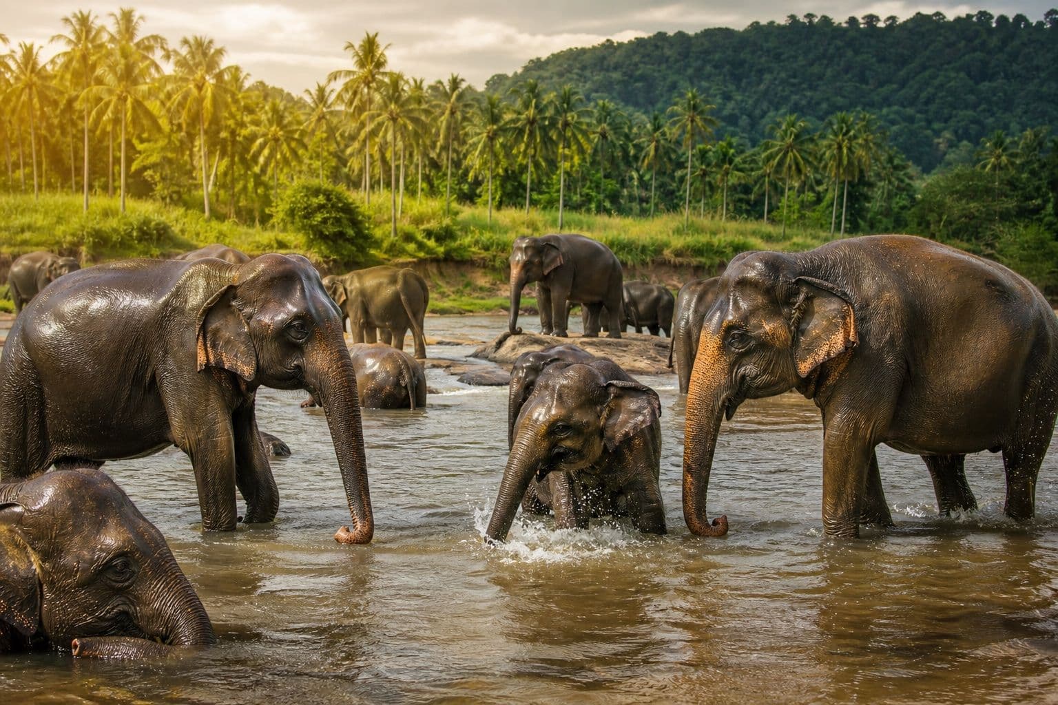 Asian elephants bathing in the river at Pinnawala elephant orphanage, Sri Lanka