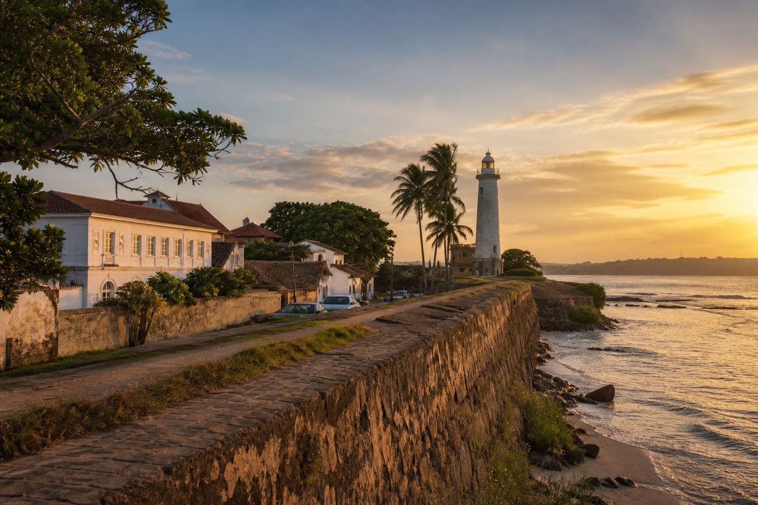 Galle Fort ramparts and lighthouse on the south coast of Sri Lanka