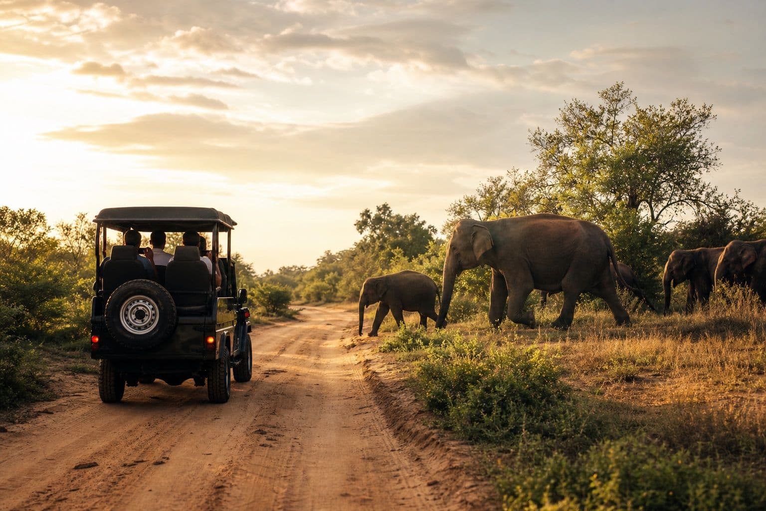 Safari jeep with elephants crossing scrubland at golden hour