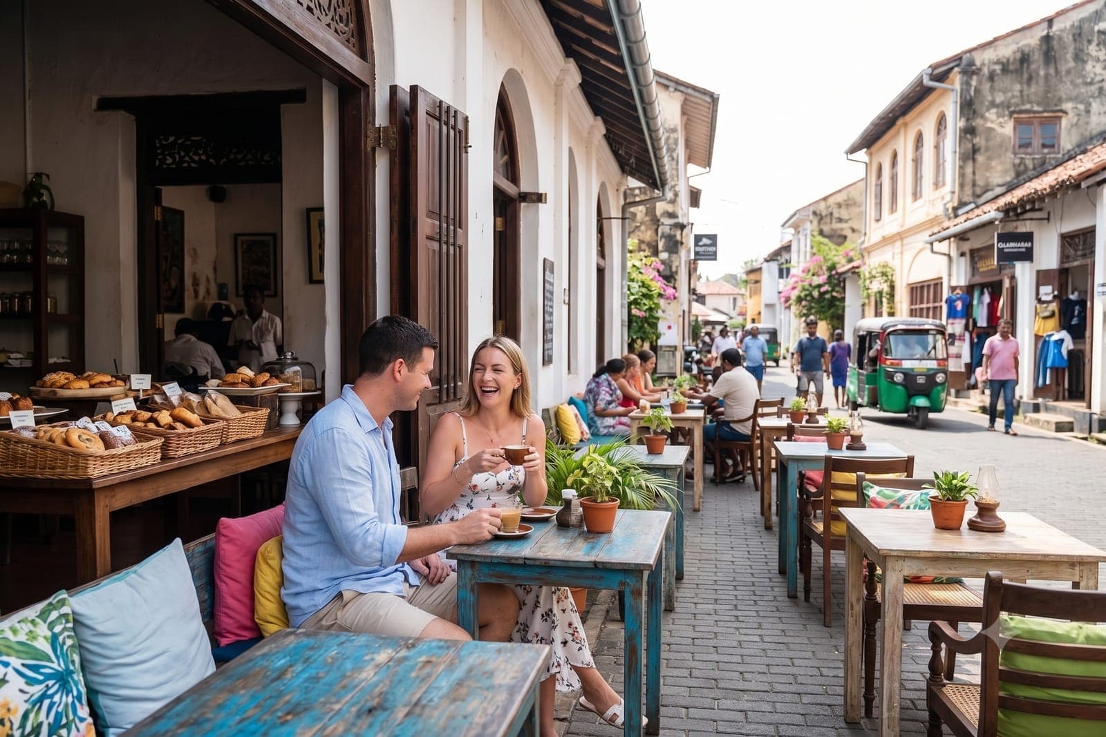 Couple laughing over coffee at an outdoor cafe in Galle Fort