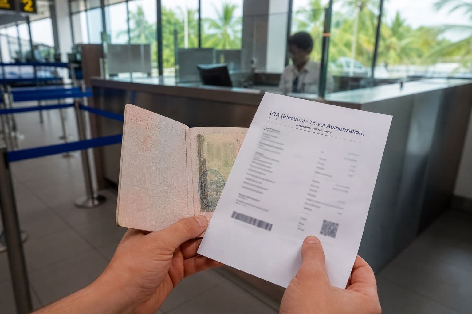 Traveller presenting passport documents at Sri Lanka airport immigration